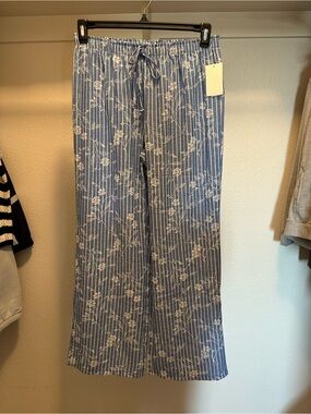 Blue Floral Stripe Drawstring women Pants